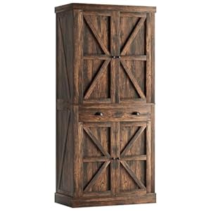 oneinmil Kitchen Pantry Storage Cabinet, 72.6" Freestanding Cupboard with Farmhouse Barn Doors, Adjustable Shelves & Large Drawer, Set of Sideboard, Brown oneinmil Kitchen Pantry Storage Cabinet 726 Freestanding Cupboard with Farmhouse Barn Doors Adjustable Shelves Large Drawer Set of Sideboard Brown