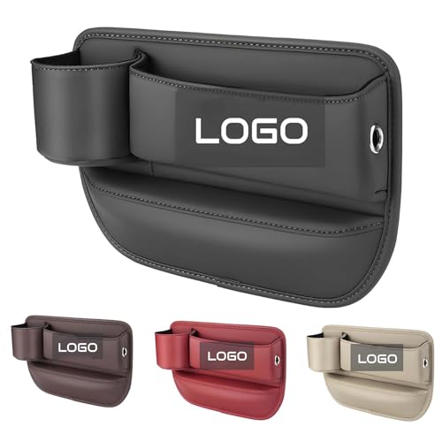 Car Leather Cup Holder Gap Bag Custom Seat Gap Storage Box with Logo/Text Adjustable Car Seat Storage Box Leather Car Seat Gap Organizer for Glasses Phones Keys and Cards(Driver Side Black)