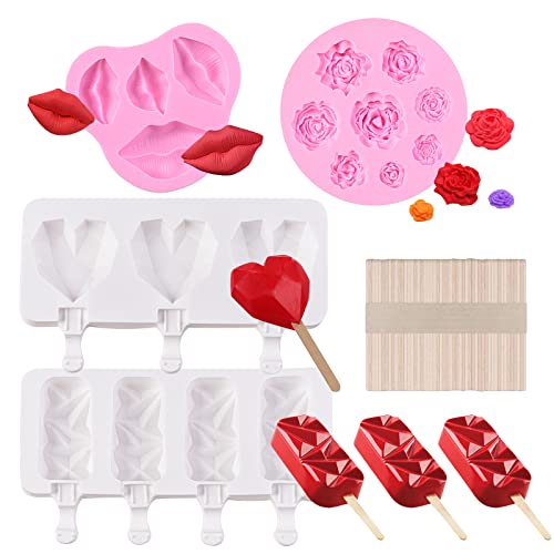 Diamond Ice Popsicle Silicone Mold, Love Heart Shaped Ice Pop Fondant Mold, Lips Flower Chocolate Baking Molds For Cake Homemade Ice Cream #TOP25