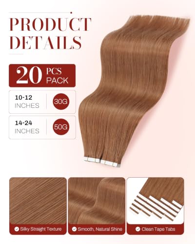Image of Moresoo Copper Brown Skin Weft Tape in Extensions, 24 Inch, 20Pcs, 50g | Remy straight human hair tape in extensions, seamless tape extensions, extra long length, add length, lightweight wear