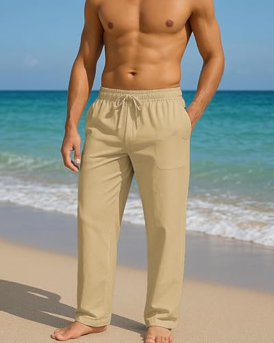 Image of PIDOGYM Mens Cotton Linen Pants Beach Casual Pajama Pants with Pockets | Elastic Waist Drawstring, Lightweight, Wide Leg Loose Design, Vacation Summer Outfits, Baggy Dress Trousers, Yoga for Women