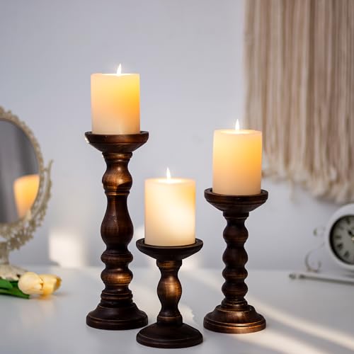 Romadedi Wood Candle Holders for Pillar - Set of 3 Tall Rustic Vintage Wooden Candlestick Holder, Farmhouse Candle Stand for Fireplace Mantle Shelf Table Home Decor, Dark Brown, 6"/ 8.3"/11.8" by Romadedi - Image 3