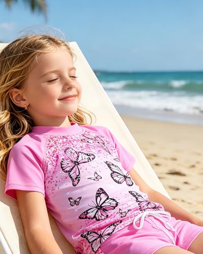 Image of AIDEAONE Girls Rash Guard Swimsuit Short Sleeve Two Piece Bathing Suit Size 3-12T