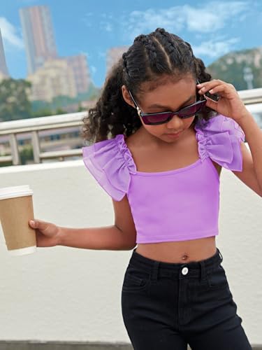 Image of WDIRARA Girl's Ruffle Trim Bow Back Tiered Layer Square Neck Wide Strap Slim Fit Crop Cami Top