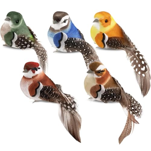 GIUSOBG 5 Stück Vogel Deko Figuren Künstliche Deko Vögel mit Clip Mini Vogel Dekofigur Künstliche Federvögel für Garten Frühling Deko Party Dekoration