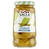 saclà, acetelli, peperoncini all'aceto di vino, ideali per aperitivo, antipasti e insalate, vaso vetro, 280g (140g sgocciolato), confezione da 12 pezzi