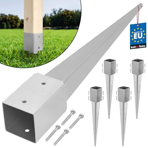 KOTARBAU® Juego de 4 fundas de impacto de 91 x 91 mm de longitud 750 mm, galvanizadas al fuego, soportes de postes de acero, funda de impacto para postes de valla de madera, ancla de suelo, anclaje de