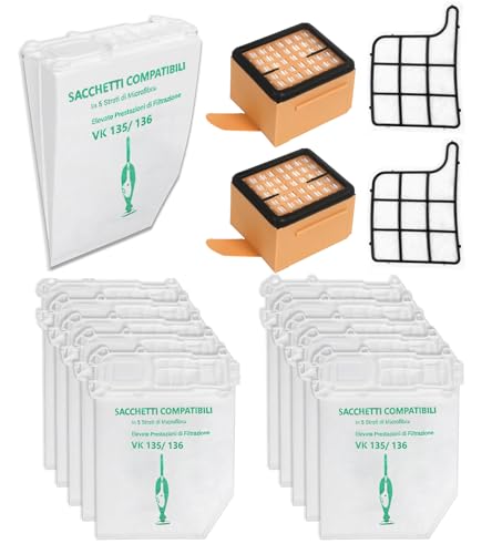 12 Pezzi Sacchetti per Aspirapolvere Folletto vk135 VK136 con 2 Filtro Motore 2 Filtri per Folletto vk135