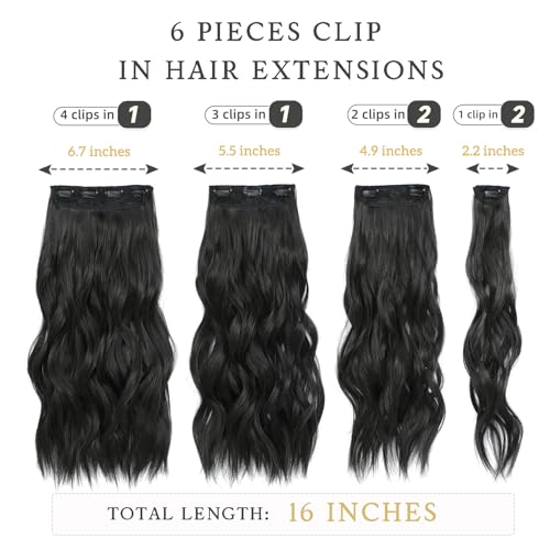Fliace Synthetic Clip in Hair Extensions, 6 PCS 1 6 Inch Hair Extensions Clip Ins, Black Long Wavy Hairpieces(16inch, 6pcs, Black) - Thumbnail 2