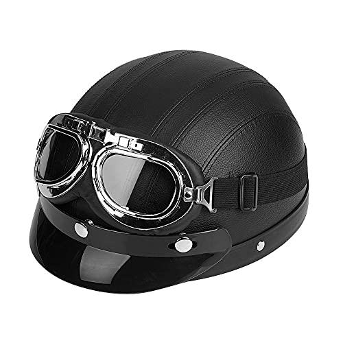 Estink Casco Jet de Moto Retro con Visera y Gafas de Protección, 54-60 cm, Negro