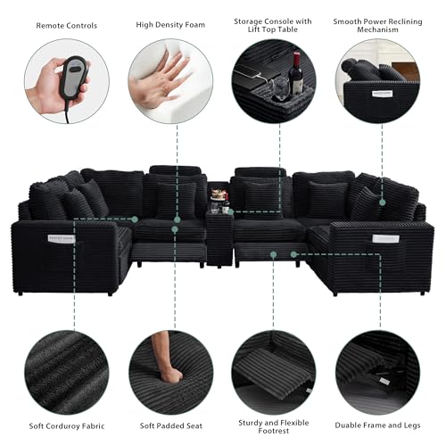 Image of RARZOE Modular Sectional Sofa with 2 Power Recliner, 6-Seater U-Shaped Corduroy Cloud Reclining Couch with Storage Console Charging Cup Holders, Fluffy Comfy Cloud Sofas Couches for Living Room, Black