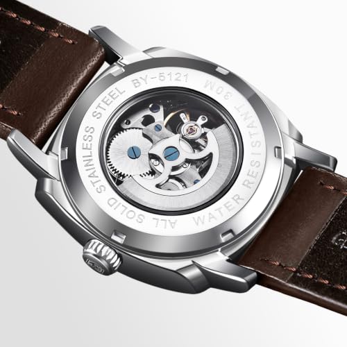 Image of Benyar Automatic Watches for Men | Skeleton Mechanical Leather Strap Mens Watch | 45mm Dial | 30M Waterproof | Men's Stylish Gift