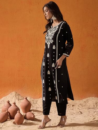 Image of INDO ERA Womens Straight Embroidered Chikankari Kurta