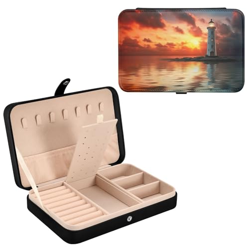 Haskirky Sunset Light House Jewelry Box Portable PU Leather Travel Jewelry Organize for Women Jewelry Storage Display Holder for Ring, Necklace, Earring