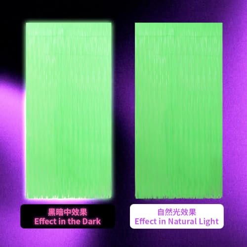 Image of TONIFUL 2Pcs Fluorescent Green Metallic Tinsel Foil Fringe Curtain Streamer | 3.3ftx6.6ft Photo Booth Backdrop Door Streamer Curtain for Black Light Glow Party Birthday Graduation Disco Decorations