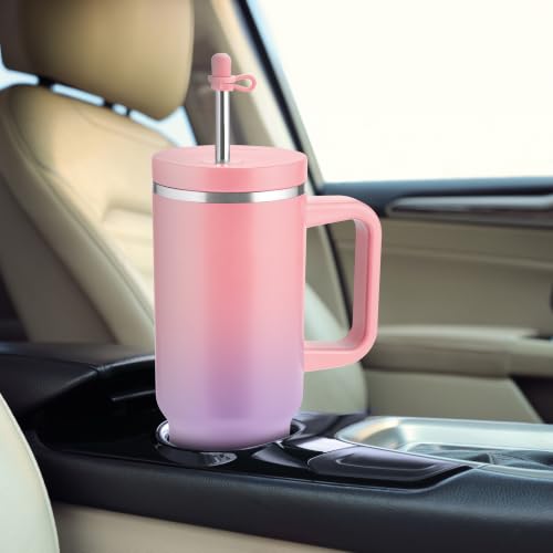 Image of Milton My Tumbler Canvas 1200 Thermosteel Double Wall Vacuum Insulated SS Tumbler with Handle 1100ml, Leak Proof Travel Mug, Straw, Silicon Cap Cleaning Brush, Hot & Cold Beverage Flask, Pink & Purple