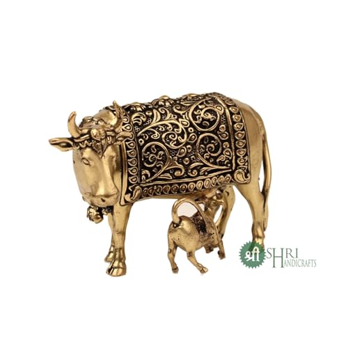 Image of INDICAST Handcrafted Brass Cow with Calf for Good Luck | 2 inch Kamdhenu Gau MATA Idol Spiritual Vastu Nandi Pooja Figurine Sculpture for Home and Office (Weight- 70gm)