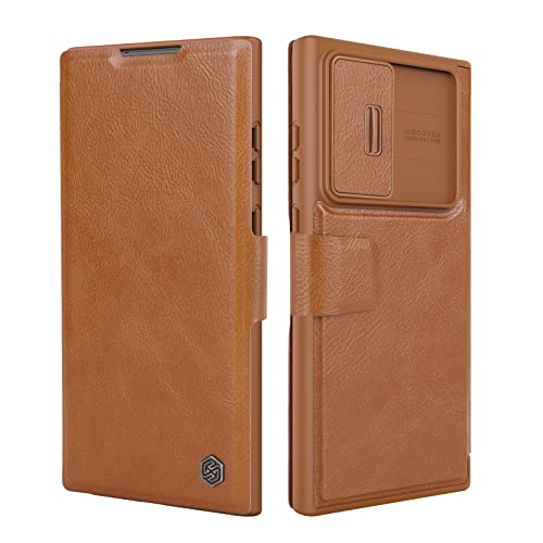 Nillkin Galaxy S22 Ultra Wallet Case with Card Holder and Camera Cover, PU Leather Case Flip Cover with Slide Camera Protection for Samsung Galaxy S22 Ultra 5G 6.8'' 2022, Brown