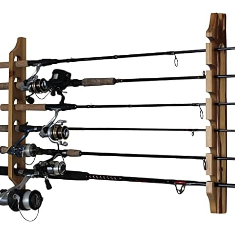 Rush Creek Creations 2-Piece 6 Fishing Rod Rack Storage Wall Mount - Easily Installed Fishing Pole Holder, Pine Finish Cover