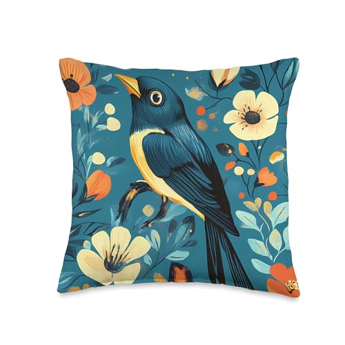 Blue Bohemian Oriole Bird Pattern - Vintage Baltimore Throw Pillow