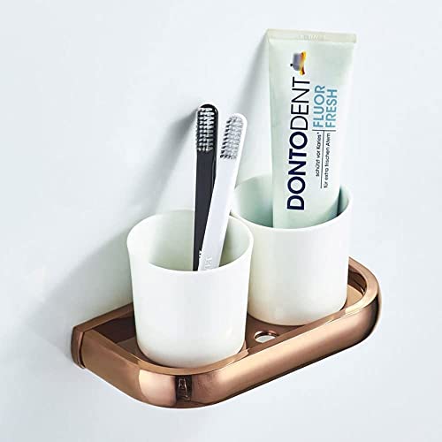 Crjus Double Toothbrush Holder Set Wall Mounted, Brass Material Rose Gold Toothpaste Cup Holder With Two White Porcelain Cups For Organizer Bathroom Storage, Wall Mount #TOP1