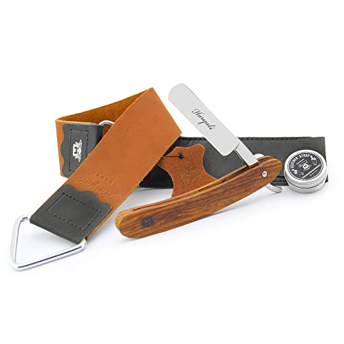 Haryali London Kit de rasoir à gorge coupée - 3 pièces en bois - Kit de rasoir droit - Rasoir à gorge coupée - Strop d'affûtage de rasoir - Composé d'affûtage
