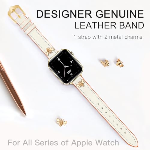 Image of JR.DM Slim Leather Bands Compatible with Apple Watch Band 38mm 40mm 41mm 42mm 44mm 45mm 46mm 49mm, Genuine Leather Band with Charms, Feminine Design for Iwatch Ultra SE Series 11 10 9 8 7 6 5 4 3 2 1