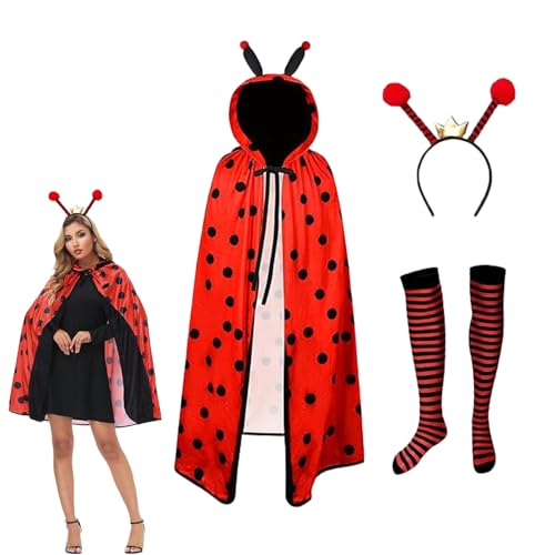 Ajuanbazha Marienkäfer Kostüm Damen, Set für Faschingskostüme Umhang Marienkäfer, Ladybug Kostüm mit Haarreif und Socken für Erwachsene