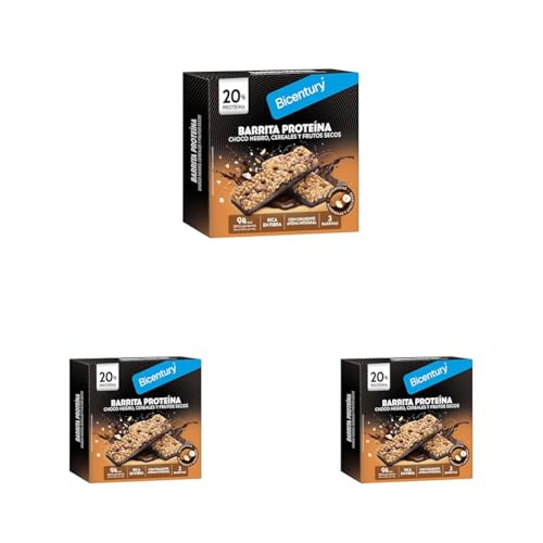 Bicentury, Barrita de Proteína con chocolate negro, cerales y frutos secos. Con 20% de proteína y rica en fibra. 3 unidades, 72g. (Paquete de 3)