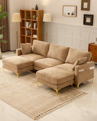Image of Karl home 99.6 inch 3-Seat U-Shaped Sectional Sofa, Khaki | Chenille Upholstered, 2 Movable Ottomans, Cloud-Like Seat, 2 Throw Pillows, Comfy Deep Seat, Living Room, Apartment, Office
