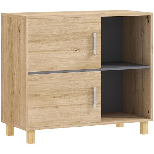 HOMCOM Meuble de Salle de Bain, Meuble de Rangement avec Compartiments Ouverts et Placard, Armoire Salle de Bain 80 x 35 x 70 cm, en Effet Bois Naturel