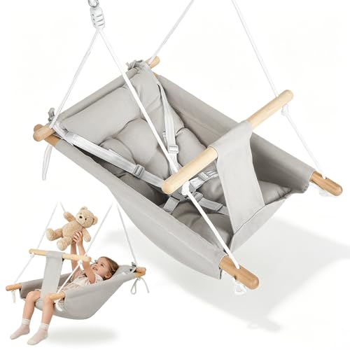 Balançoire bébé 3 en 1, Chaise Suspendue en Bois avec Ceinture de sécurité et Coussin en Coton, hamac-balançoire bébé réglable, balançoire Enfant...