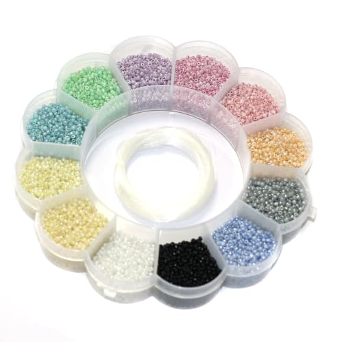 Image of Beadsnfashion 12 Assorted Color Opaque Luster Glass Seed Beads Kit for Girls and Kids (Size 11 /0, 2mm) with 12 Mtrs Nylon Thread for Jewellery Making, Beading, Embroidery, Art & Craft Projects