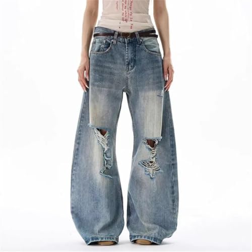 Men's American Style Distressed Jeans, Holes Design, Casual Loose Wide Leg Denim Trousers3