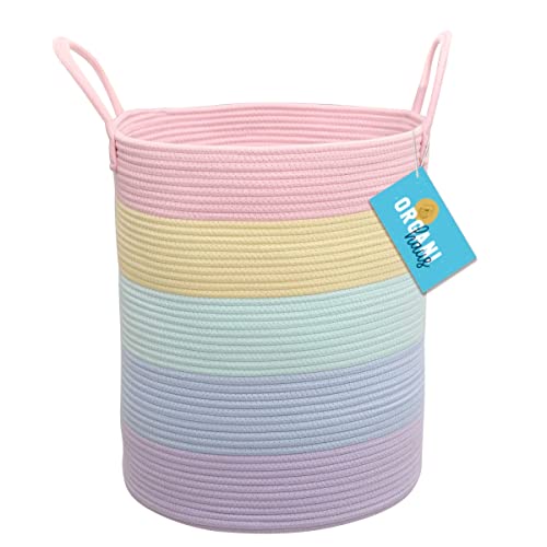 OrganiHaus Cesta Arcoiris en Cuerda de Algodon Grande con Asas | Cesta Almacenaje colorida para Decoracion Hogar| Cesta colada | Cesta de Ropa Sucia | Cesto Organizador de Juguetes. Pastel