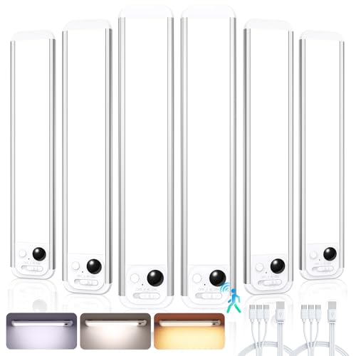 RUIKORING 8.5' Under Cabinet Lighting 6 Pack, 3 Colors, Motion Sensor Light Indoor,48 LED Rechargeable Closet Lights, Dimmable Under Counter Lights, Stick-On Magnetic Cabinet Night Lights for Kitchen