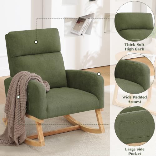 Image of HCHAIRH Rocking Chair Nursery, Upholstered Fabricr Nursing Rocking Chairs with Soft High Back, Modern Nursery Glider Rocker for Mom Living Room, Bedroom, DarkGreen