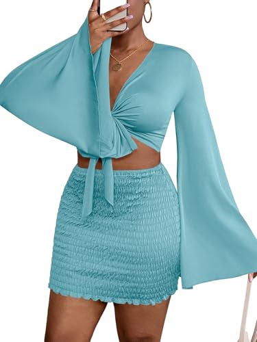 Image of LYANER Women 2 Piece Vacation Outfits Tie Knot Front Bell Long Sleeve Crop Top and Mini Skirt Summer Set
