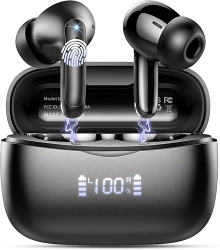 WeurGhy Auriculares Inalámbricos Bluetooth, Bluetooth 5.3 con 4 HD Mic, 56H Reproducción HiFi Estéreo Auriculares Inalambricos, 13mm Controlador Dinámico, IP7 Impermeable con Pantalla LED, 2025,Negro