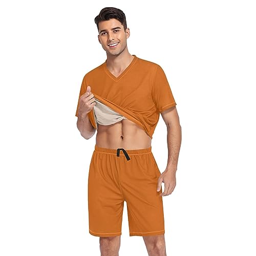 GAIGEO Dark Orange Mens Pajamas Set, Comfy Mens Short Sleeve Pajamas, Sleep Set for Summer, S-XXL3