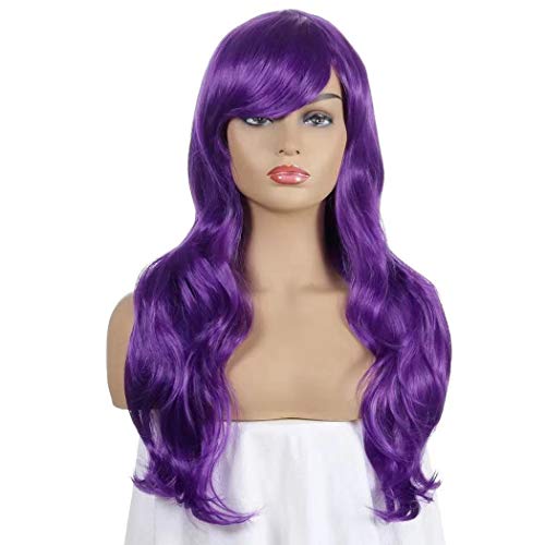 Luhuanx Wigs for Women Girls Long Wavy Heat Resistant Fiber Wigs Side Bangs Cosplay Party, Women's Wigs with Bangs Long Fluffy Curly Wavy (Purple)
