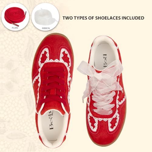 Image of Casual Sneakers for Women Lace Detail Elegant Ribbon Lace-Up Fashion Sneakers with Leather Upper Memory Foam Insole and Trendy Casual Shoes for Women