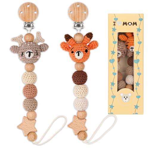 Image of LSTRAGY Pacifier Clip, 2 Pack Pacifier Holder for Boys and Girls, Cute Deer Handmade Knitted Christmas Pacifier Clip Fits for Most Pacifier, Baby Teethers, Baby Shower and Baby Gift