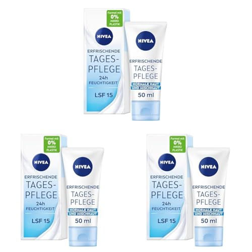 NIVEA Erfrischende Tagespflege 24h Feuchtigkeit (50 ml), Gesichtscreme für normale und Mischhaut mit LSF 15, feuchtigkeitsspendende Tagescreme mit Vitamin E (Packung mit 3)