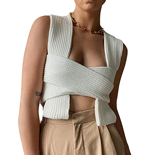Image of JUMISEE Women's Sexy Wrap Around Strappy Crop Top Knit Multi Wear Sweater Tank Tops Sleeveless Bandage Vest