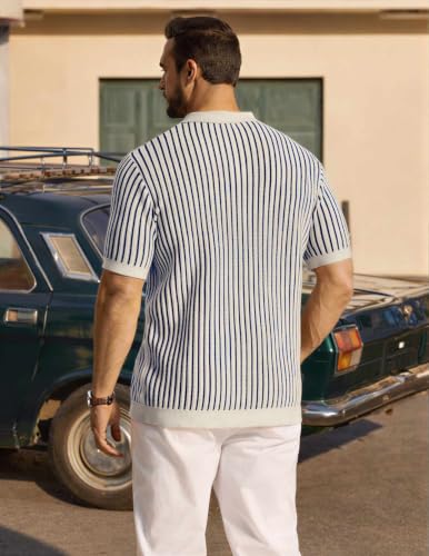 Image of COOFANDY Mens Knit Button Down Shirts Short Sleeve Polo Shirt Vintage Striped Casual Shirts