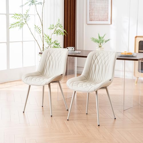 Image of YOUNIKE Dining Chairs Set of 2 Kitchen & Dining Room Chairs Modern Cream | Faux leather waterproof, comfortable accent side chairs with upholstered back and metal legs, easy to clean assemble; 300lb