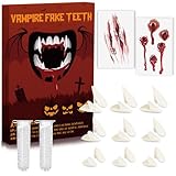 WITOROR 9 Pairs Vampire Teeth with 2 Tube Solid Adhesive-3 Sizes Fake Fangs for Cospaly, 4 Scar Stickers, Halloween and Christmas Party Costume Accessories, Dress Up Gift White