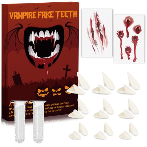 WITOROR 9 Pairs Vampire Teeth with 2 Tube Solid Adhesive-3 Sizes Fake Fangs for Cospaly, 4 Scar...