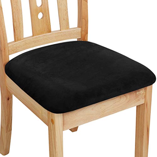 PiccoCasa - Funda de cojín con lazos, terciopelo elástico impreso para sillas de comedor, cocina, juego de 6 unidades, color negro